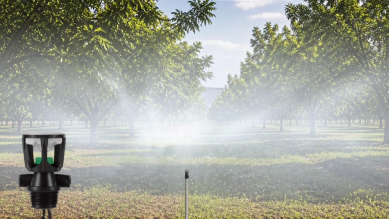A rotating micro sprinkler misting a row of orchard trees
