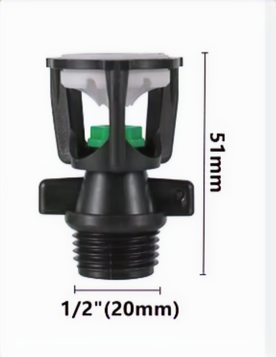 360 degree rotating micro sprinkler, 51mm tall with a half inch (20mm) male thread